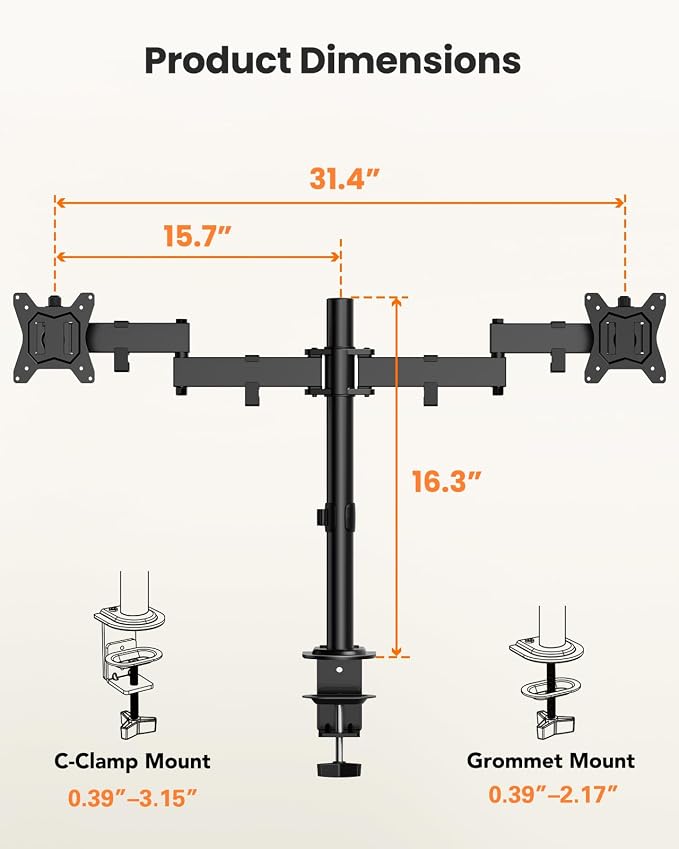 ErGear Dual Monitor Stand for 17-32 inch, Dual Monitor Mount with Adjustable Tilt, Swivel, Rotation, Tiered Arms for Extra Height, Supports 22 lbs per Arm - Image 7