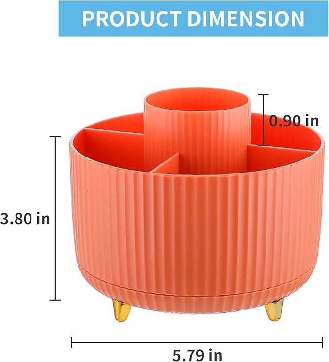 Marbrasse Desk Organizer, 360-Degree Rotating Pen Holder, Desk Organizers and Accessories with 5 Compartments Pencil Holder, Art Supply Storage Box Caddy for Office, Home（Orange） - Image 5