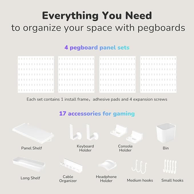 Keepo Peg Board Wall Organizer for Gaming Setup, Pegboard with Adhesives & Screw Mounts, Includes Peg Board Accessories for Gaming Accessories, Tech Storage & Office Organization (White, 22″×22″) - Image 4