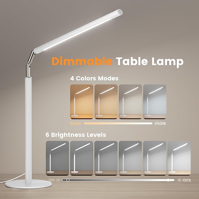 SIBRILLE White LED Desk Lamp, 16" Dimmable Metal Desk Light with Base, 15W 1200LM, Adapter Included, Color & Brightness Adjustable, Modern Tall Table Lamp for Home Office Reading Study Task Laptop - Image 2