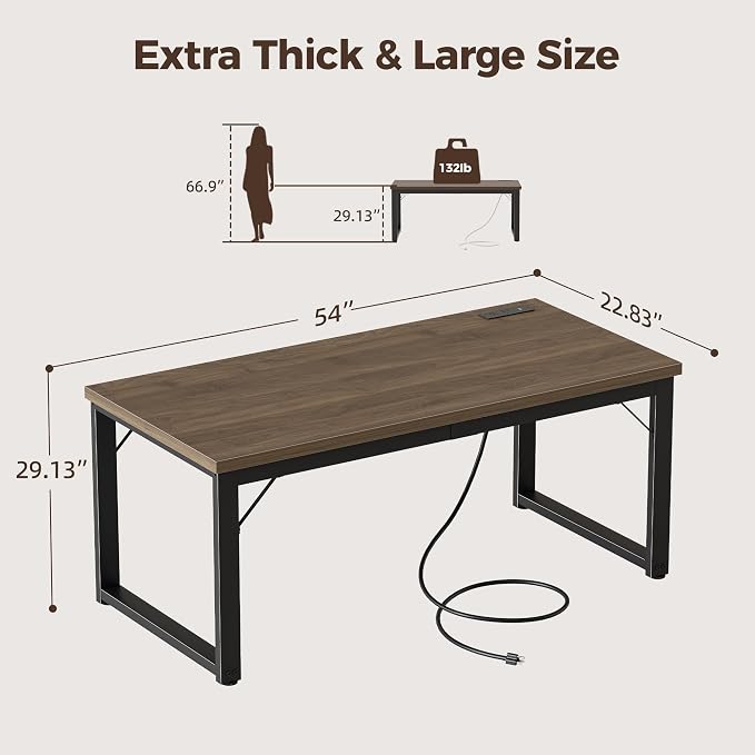Mericonia 54 Inch Computer Desk with Power Outlets, 1.2" Thick Office Table | Modern Simple Style, Heavy Duty Industrial Frame, Study & Writing Table for Home Bedroom Work, Walnut - Image 2