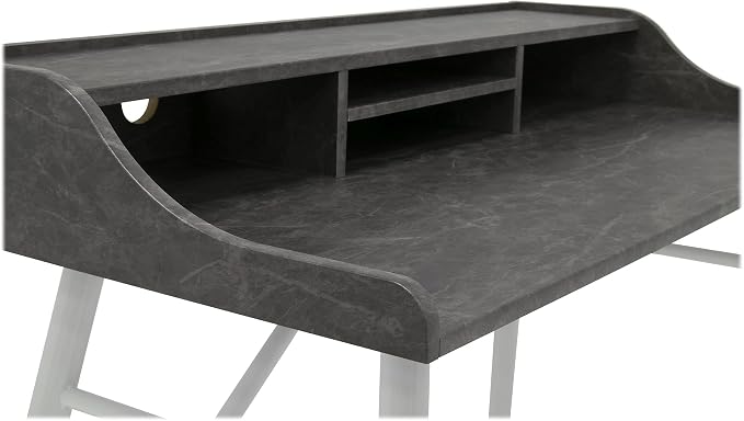Calico Designs Woodford 45” Wide Modern, Secretary, Writing, Desk with Low Storage Hutch and Whtie Metal Tapered Legs in Marbled Dark Grey, White - Image 6