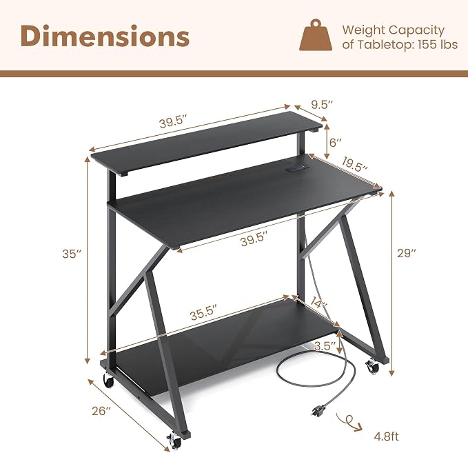 Giantex Rolling Computer Desk with Charging Station, Mobile Portable Laptop Desk with Monitor Stand & Storage Shelf, Small Desk with Lockable Wheels for Small Spaces, Home Office (Black) - Image 3