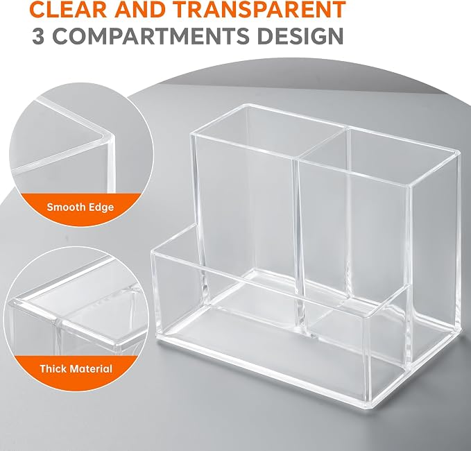 Pen Holder for Desk, Clear Acrylic Pencil Holder for Desk, Marker Holder with 3 Compartments, Pencil Organizer for Home, Office, Classroom, Bathroom | Plastic Marker Holder with 3 Compartments, Pencil Organizer for Office, Makeup Brush Holder for Bathr... - Image 3