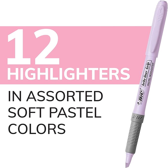 BIC Brite Liner Grip Pastel Highlighter Set, Chisel Tip, Pack of Pastel Highlighters in Assorted Colors (colors may vary), Cute Highlighters for Bullet Journaling, Note Taking and More (Pack of 18) - Image 3