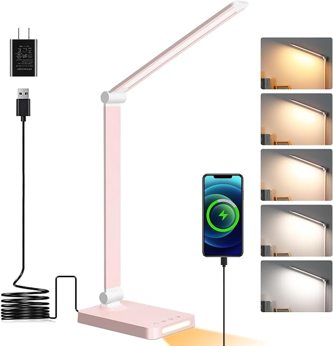 LED Desk Lamp with USB Ports,Touch Desk Lamps for Home Office with 5 Modes | 3 Brightness Desk Light with Small Night Light,Reading Lamp Table Lamp for Bedroom Bedside Study Pink （with adapter） by DottArts