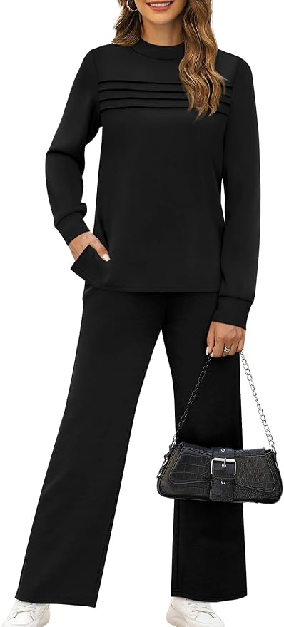 WIHOLL Two Piece Sets for Women Fall Travel Vacation Outfits 2026 Long Sleeve Lounge Sets Side Slit Wide Leg Pants XS-3XL - Image 2