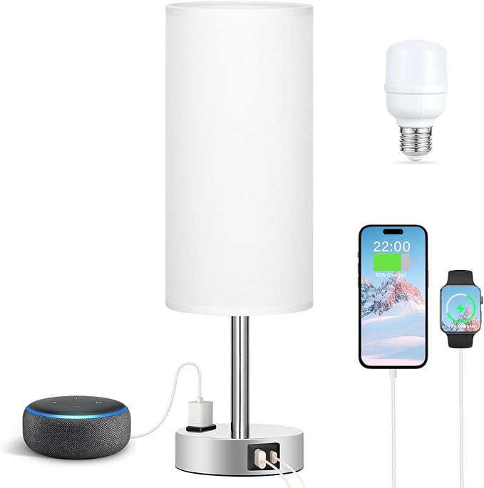Fenmzee White Touch Bedroom Table Lamp - 3 Way Dimmable Bedside Lamp USB C A Charging Ports and AC Outlet, Small Lamp Nightstand with Silver Base for Living Room, Office Desk, LED Bulb Included - Image 6