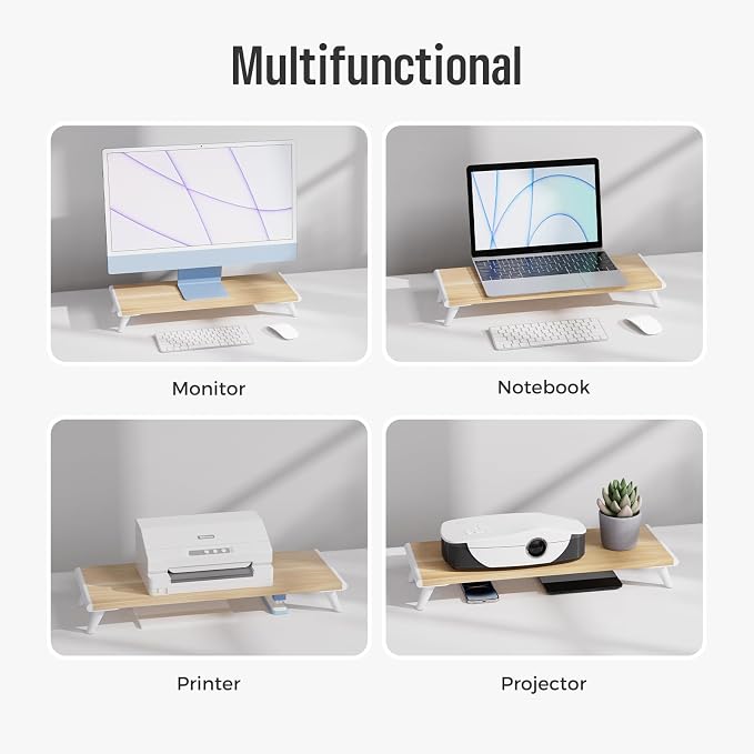 loukin Monitor Stand Riser for Desk, 22.4" x 8.3" Larger Computer Stand for Laptop, PC, Printer, Sturdy Desktop Computer Shelf with Non-Skid Rubber, Home Office, Natural Wood - Image 4