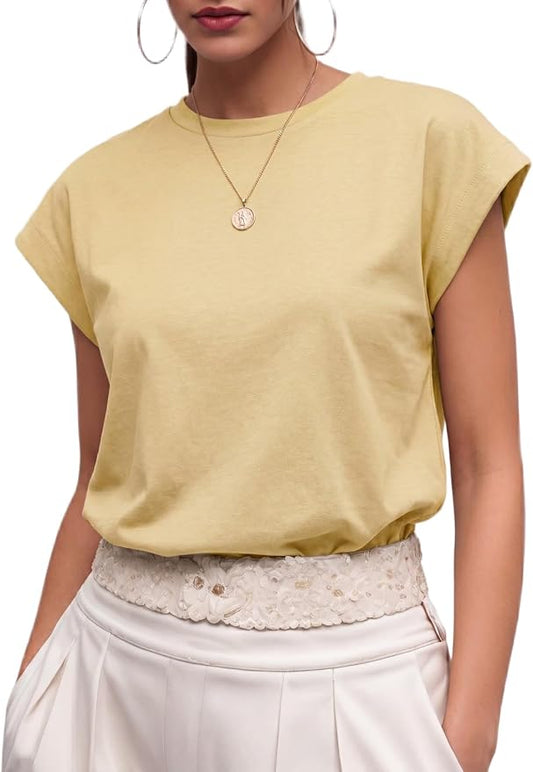 GRECERELLE Womens Summer Tops Cap Sleeve Crew Neck Basic T-Shirt | Everyday Casual Wear, Layering Friendly, Wrinkle-Resistant, Business Casual Ready, Lightweight & Packable, Capsule Wardrobe by GRECERELLE