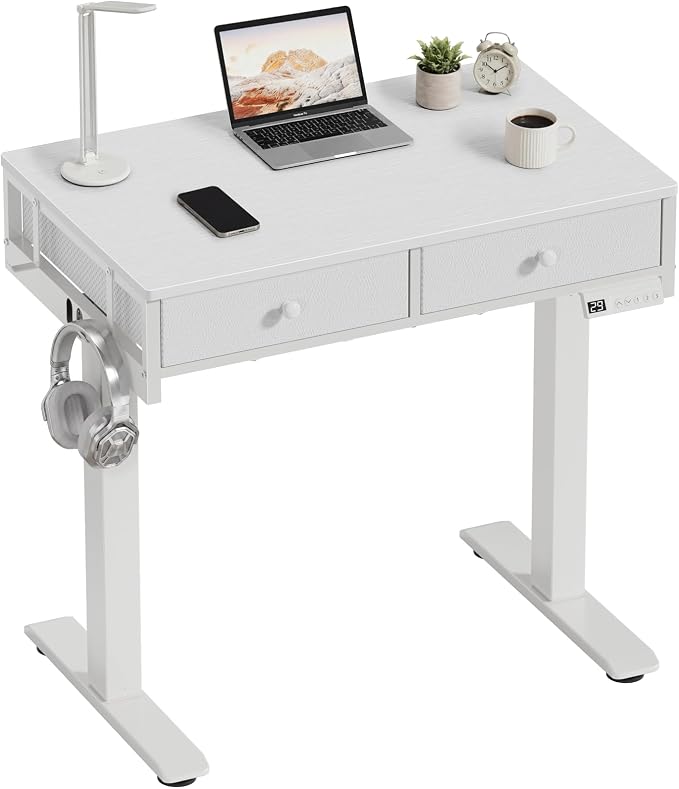 White Electric Standing Desk with Drawers, 32 Inch Small Adjustable Desk with Storage, Stand Up Computer Study Writing Desks for Small Space Home Office Bedroom, Sit Stand Work Desks for Walking Pad by Unknown