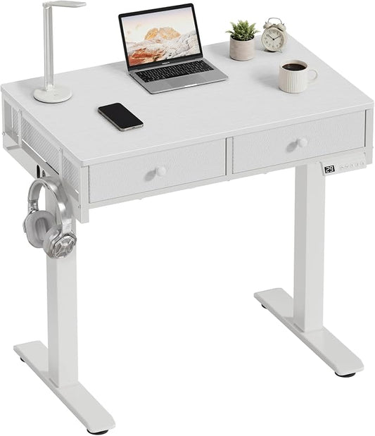 White Electric Standing Desk with Drawers, 32 Inch Small Adjustable Desk with Storage, Stand Up Computer Study Writing Desks for Small Space Home Office Bedroom, Sit Stand Work Desks for Walking Pad by Unknown