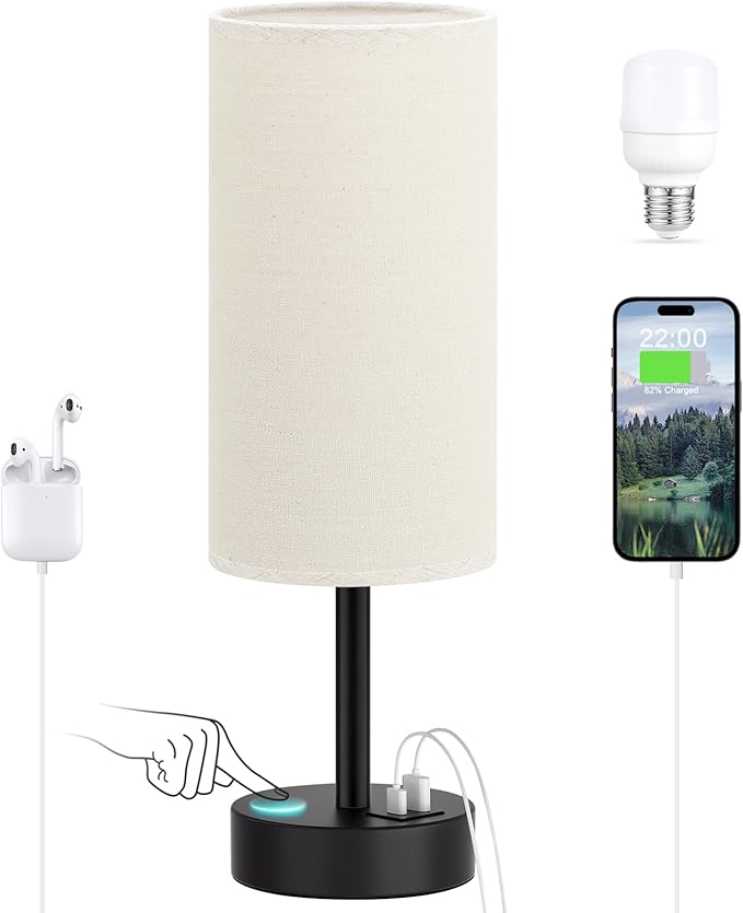 Dicoool Bedside Table Lamp for Bedroom - 3-Way Dimmable Touch Lamp, USB A+C | LED Bulb Included, 14" Small Nightstand Lamp for Desk, Living Room, Guest Room, Beige Fabric Lampshade, Black Metal Base by DicooolDirect
