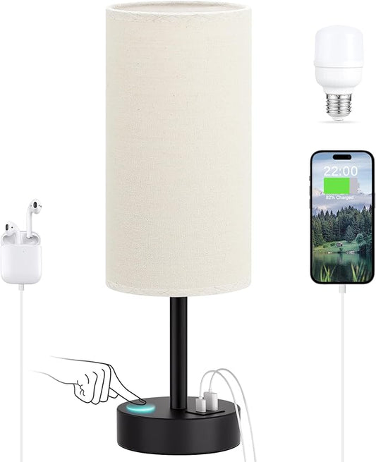 Dicoool Bedside Table Lamp for Bedroom - 3-Way Dimmable Touch Lamp, USB A+C | LED Bulb Included, 14" Small Nightstand Lamp for Desk, Living Room, Guest Room, Beige Fabric Lampshade, Black Metal Base by DicooolDirect