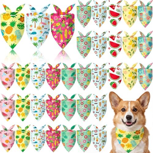 Weewooday 50 Pcs Summer Bandanas Bulk for Dogs Kerchief Bibs Scarves with Beach, Fruit, Hawaii Ice Cream Luau Aloha Rainbow Pool for Small Medium Large Grooming Accessories(19.7 x 13.8 x 13.8 Inch) by Weewooday