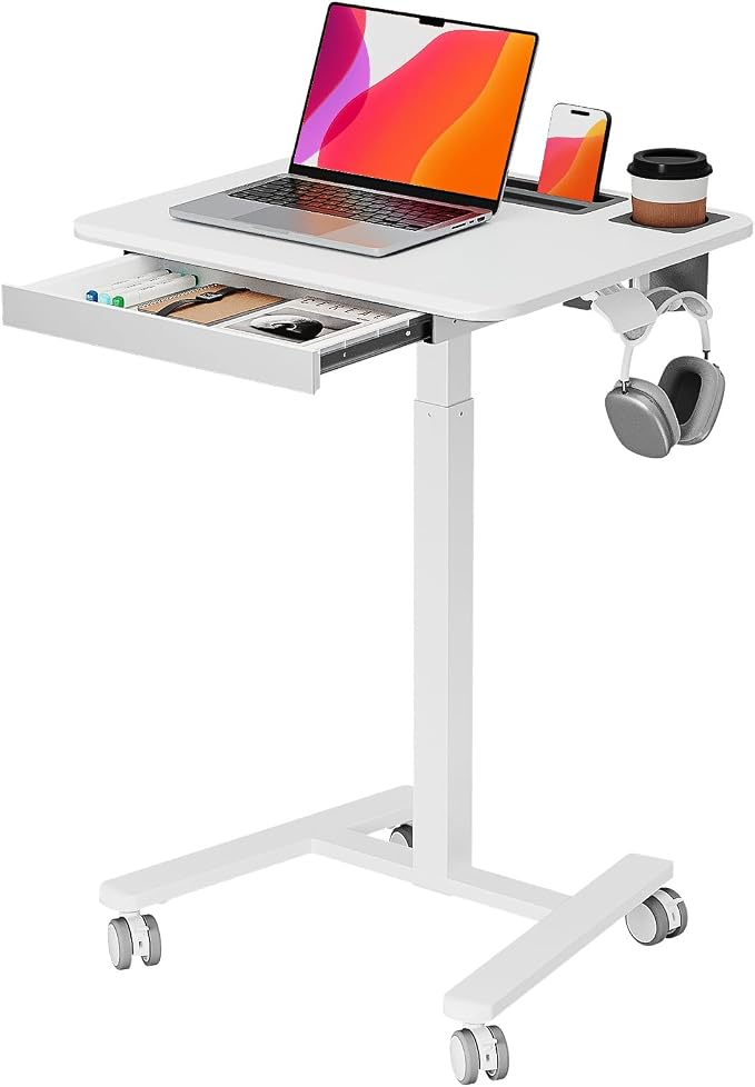 Small Mobile Standing Desk with Drawer, 23.6" x 19.7" Top | Height Adjustable Rolling Teacher Desk with Cup Holder and Hooks, Portable Workstation on Wheels for Classroom & Study, White by JYLHJOYSEEKER