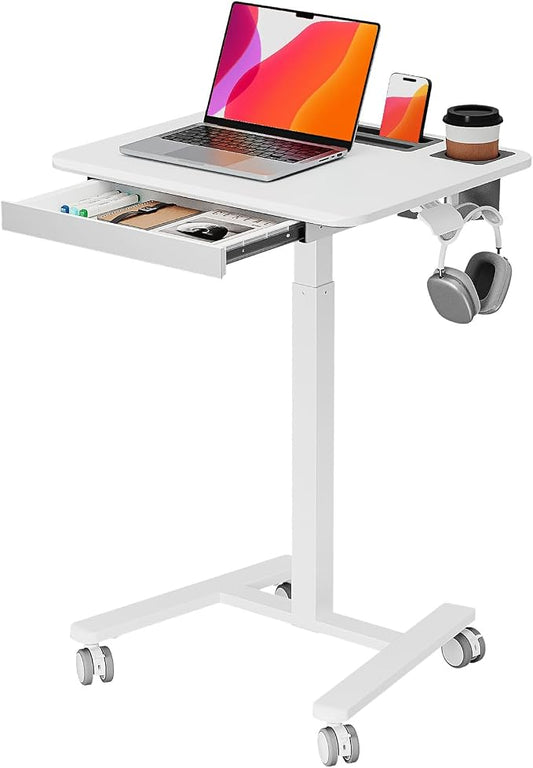 Small Mobile Standing Desk with Drawer, 23.6" x 19.7" Top | Height Adjustable Rolling Teacher Desk with Cup Holder and Hooks, Portable Workstation on Wheels for Classroom & Study, White by JYLHJOYSEEKER