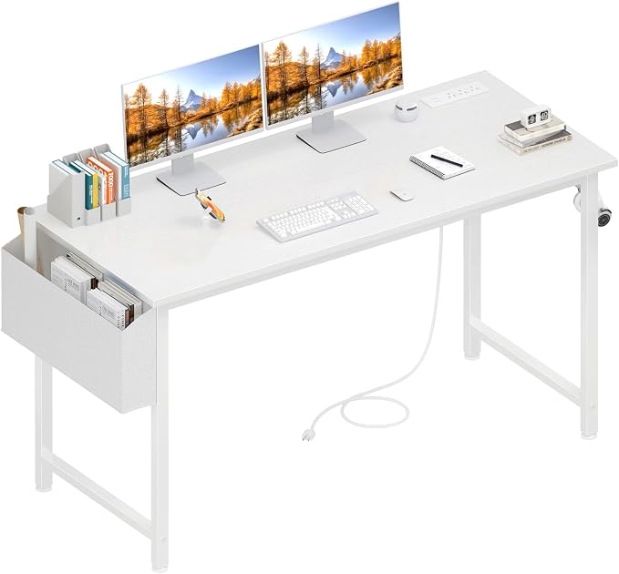 Lufeiya White Computer Desk with Power Outlet, 47 inch Teen Study Table Home Office Work Writing Gaming Desks with Charging Station Outlets Built in, White by LUFEIYA