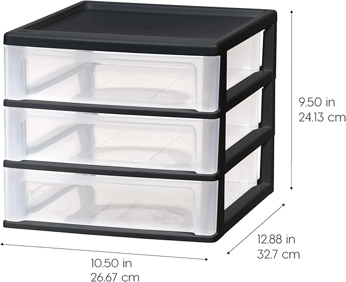 IRIS USA 3-Drawer Medium Plastic Stacking Desktop Organizer, Black | Organize office supplies, stationery, makeup, craft materials and everyday essentials for neat desktop storage - Image 3