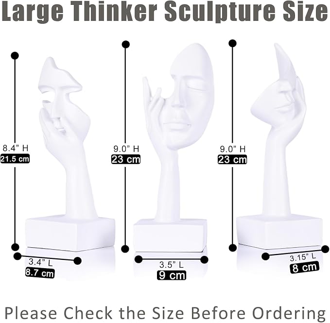 3 Pcs Thinker Large Statue Set - White Art Abstract Home Accent Figurines for Living Room, Bedroom, Shelves, Office Desktop, Coffee Table Decor, Gift for Women (3 Pcs White, 9") - Image 3