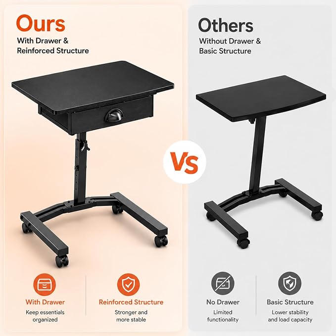 Rolling Adjustable Height Standing Desk With Drawers, Small Mobile Laptop Desk Cart On Wheels For Small Spaces Home Office, Portable Sitting Laptop Table For Bed Couch Load Up To 60LBS, Sturdy, Black - Image 7