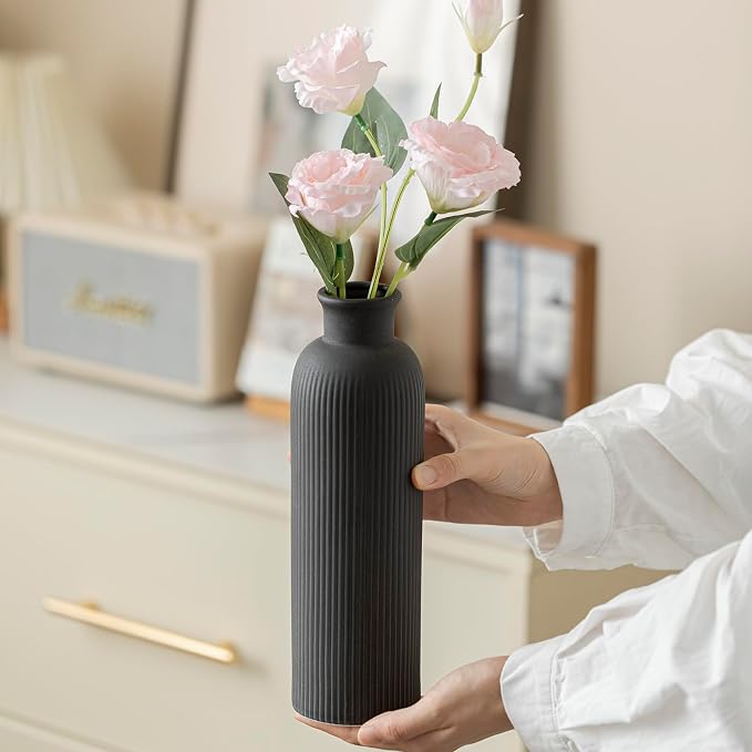 Modern Ceramic Vase Set, Black Ribbed Matte Design, 3-Piece Decorative Vases for Home, Living Room, Office (Black Mix) - Image 6