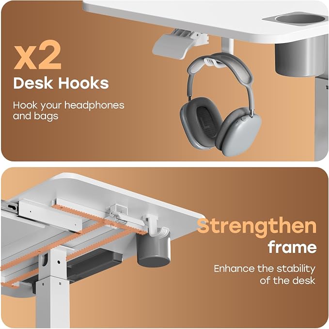 32" Mobile Desk with Drawer, Rolling Standing Desk on Wheels | Height Adjustable Desk with Cup Holder and Hooks, Portable Laptop Cart with Storage for Home Office, White - Image 8