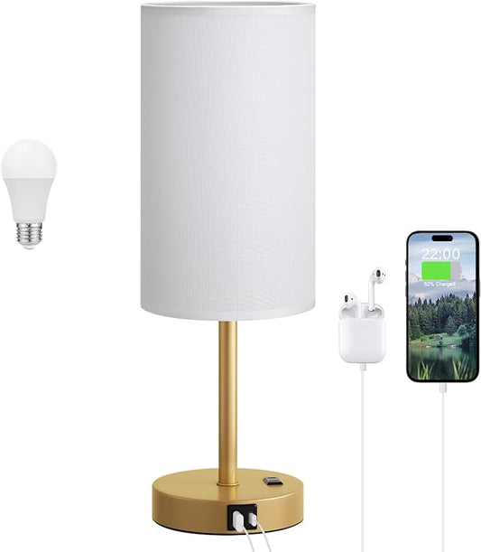 Dicoool 17.4" Bedside Lamp for Bedroom - Dimmable Touch, USB A+C, AC Outlet | LED Bulb Included, 3-Way Dimmable, 17.4" Table Lamp for Living Room, Dorm, White Fabric Lampshade, Gold Metal Base by DicooolDirect