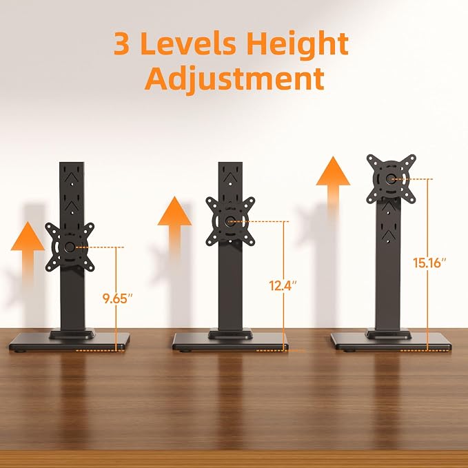 Suptek Single LCD Monitor Stand Mount Riser for 13-43 Inch Screen | Holds up to 44lbs, Free-Standing, Swivel, Height Adjustable, Rotation, 50-100mm VESA Base - Image 3