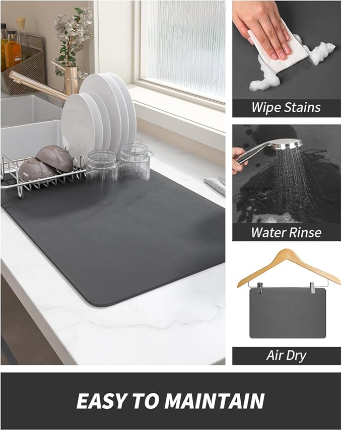 AMOAMI Coffee Mat Dish Drying Mat for Kitchen Counter-Bar Accessories, Hide Stain, Rubber Backed, Absorbent, Fit Under Coffee Maker, Espresso Machine, Pot, Dish Rack, 12"x19", Dark Grey - Image 4