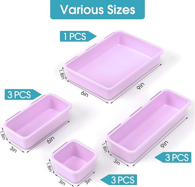 10 PCS Drawer Organizer Set, 4 Size Makeup Drawer Divider Organizer With Non-Slip Pads, Interlocking Plastic Storage Bins for Office,Jewelry Vanity,Gadgets, Bathroom,Kitchen, Purple - Image 2