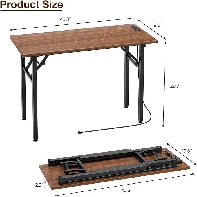TEMI Small Computer Desk Folding Table - No Assembly, Compact 43.3" Foldable Desk with Power Outlets & USB Charging Port, Portable Small Office Desk, Ideal Mini Study Table for Narrow Spaces, Walunt - Image 3