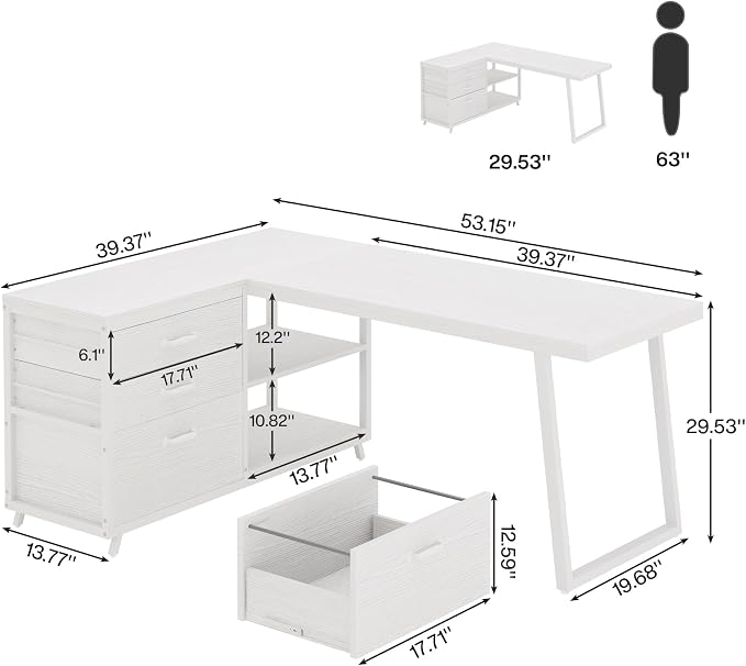 Tribesigns L-Shaped Computer Desk with 3 Drawers, Reversible Corner Home Office Desk with Shelves, 53-Inch Industrial PC Desk Study Writing Table Workstation for Small Space, White - Image 2