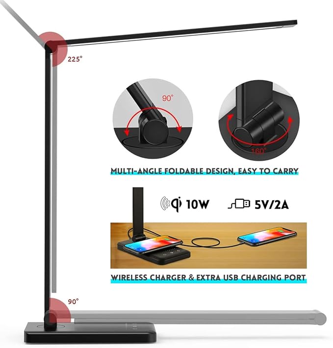 LED Desk Lamp with Wireless Charger, USB Charging Port, 10 Brightness, 5 Color Modes, Desk Lamps for Home Office, Dimmable Table Lamp Eye Caring Reading Light, Touch Control, Auto Timer, Black - Image 4