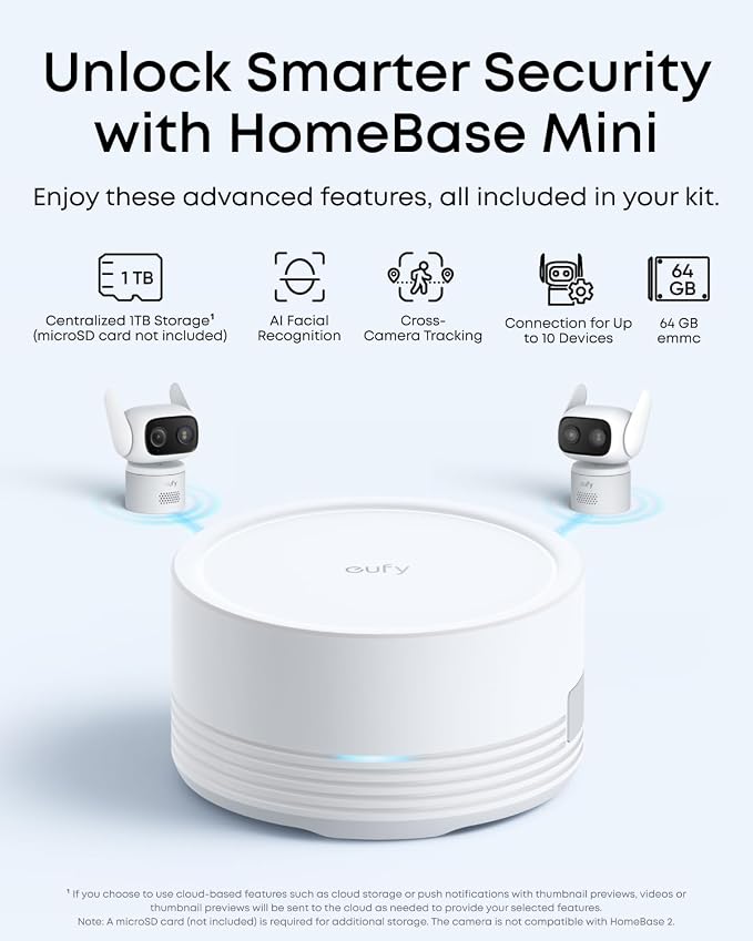 eufy Security Indoor&Outdoor Camera C31,2-Pack with HomeBase Mini(64GB Included),IP66,Spotlight-Free Color Night Vision,360°Pan&Tilt, AutoTracking,Human/Car/Pet/Cry Detection,24/7 Recording - Image 2