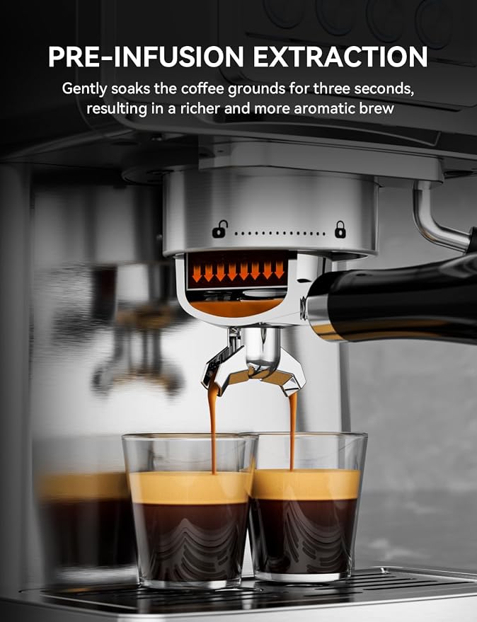 SUMSATY 20 Bar Espresso Machine Stainless Steel with Powerful Milk Frother | LED Display Espresso Coffee Machine 1350W Fast Heating Home Barista to Make Latte Cappuccino, Pre-Infusion, 61oz Water Tank - Image 4