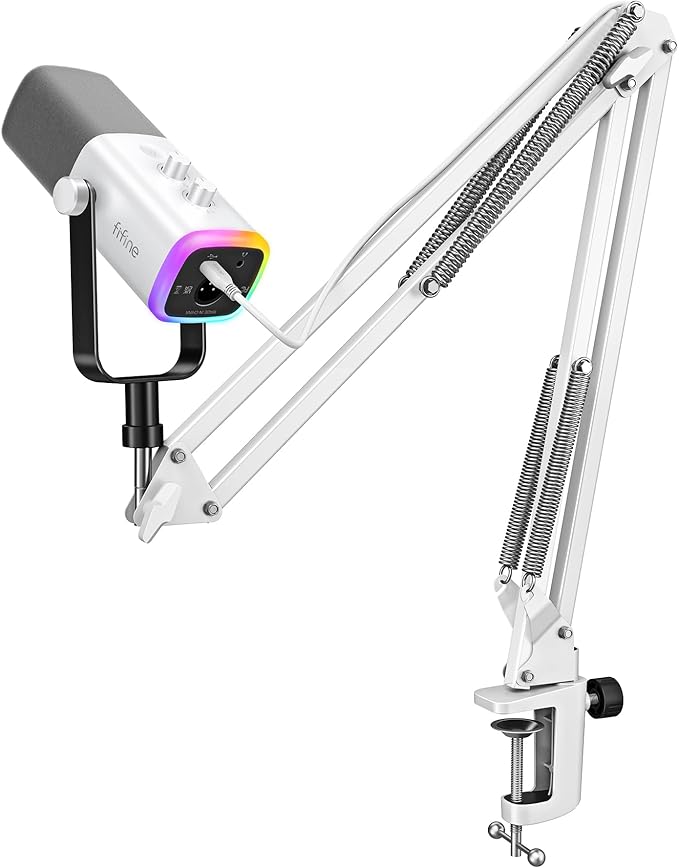 FIFINE AmpliGame AM8TW Gaming XLR/USB Microphone Kit Streaming Dynamic Mic | Computer Mic with Controllable RGB, Headphones Jack, Gain Knob, Arm Stand, for Vocal Podcast Recording Voiceover, White by FIFINE