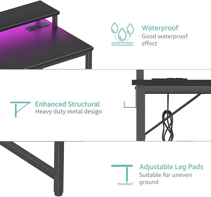 Lufeiya Small Desk with Power Outlets and LED Lights, 32 Inch Teen Writing Study Table Home Office Computer Desks with Monitor Stand, Gaming Desk with Charging Station, Black - Image 9