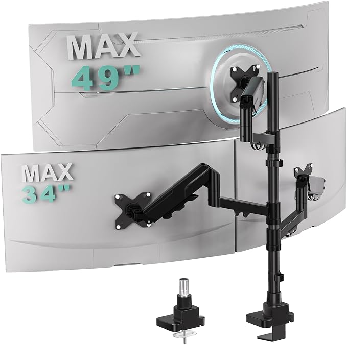 WALI Triple Monitor Mount for up to 49 inch Ultrawides on Top Bracket and 34 inch Screens on Side Brackets, Tall Triple Monitor Stand for Desk, Heavy Duty Monitor Arm up to 33 lbs (GSDM003XLN), Black by WALI
