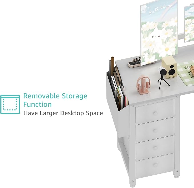 Lufeiya White L Shaped Desk with Drawers & Storage Shelves, 55 Inch Corner Computer Desk with Power Outlet for Home Office Bedroom, L-Shaped Teen PC Desks with Fabric Drawer, White - Image 9