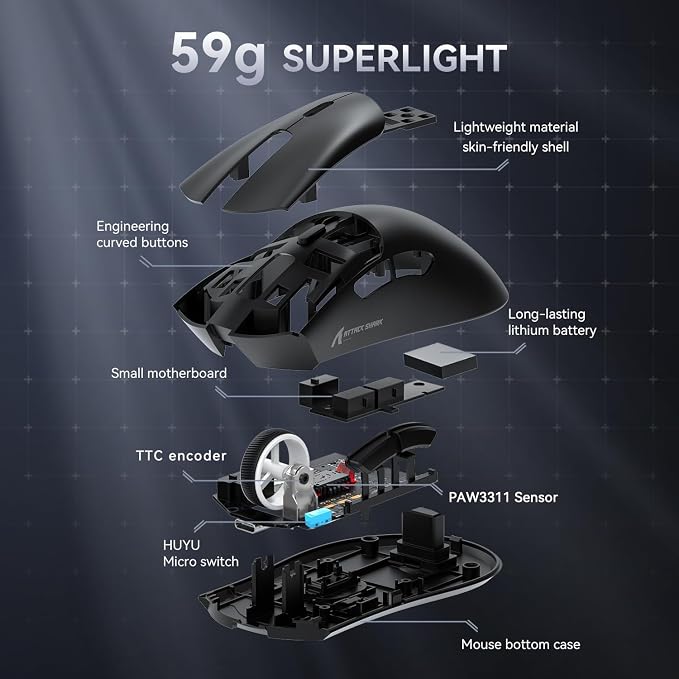 ATTACK SHARK X68HE 60% Wired RT 8K Keyboard+Wireless R1 Mouse-Black Contour | Adjustable Actuation,Hall Effect Mechanical Magnetic Switch,Coiled Cable,USB C/2.4Ghz/BT Ultralight 18K DPI Mice for PC Gamer - Image 9