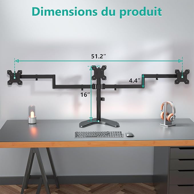 WALI Triple Monitor Stand, Free Standing Three LCD Monitor Fully Adjustable Desk Mount Fits 3 Screens up to 27 inch, 22 lbs Weight Capacity per Arm (MF003), Black - Image 4