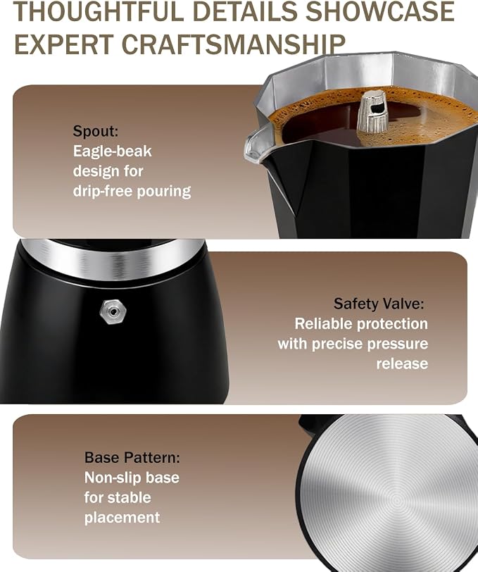 Coffee Maker Stovetop Espresso Maker 12 Cup Aluminum Moka Pot Percolator 20oz 600ml Easy Brewing for Electric Ceramic Stoves Home Camping Italian Cuban Café Classic Black - Image 7