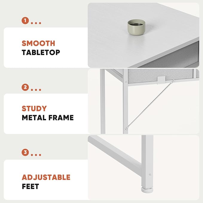 DUMOS 32" Home Office Computer Desk with Drawers, Small Gaming Writing Study Table with Storage Side Bag, Headphone Hook and Adjustable Feet for Bedroom White | Home Office Desk for Bedroom, Gaming Writing Study Desk with Adjustable Feet - Image 8