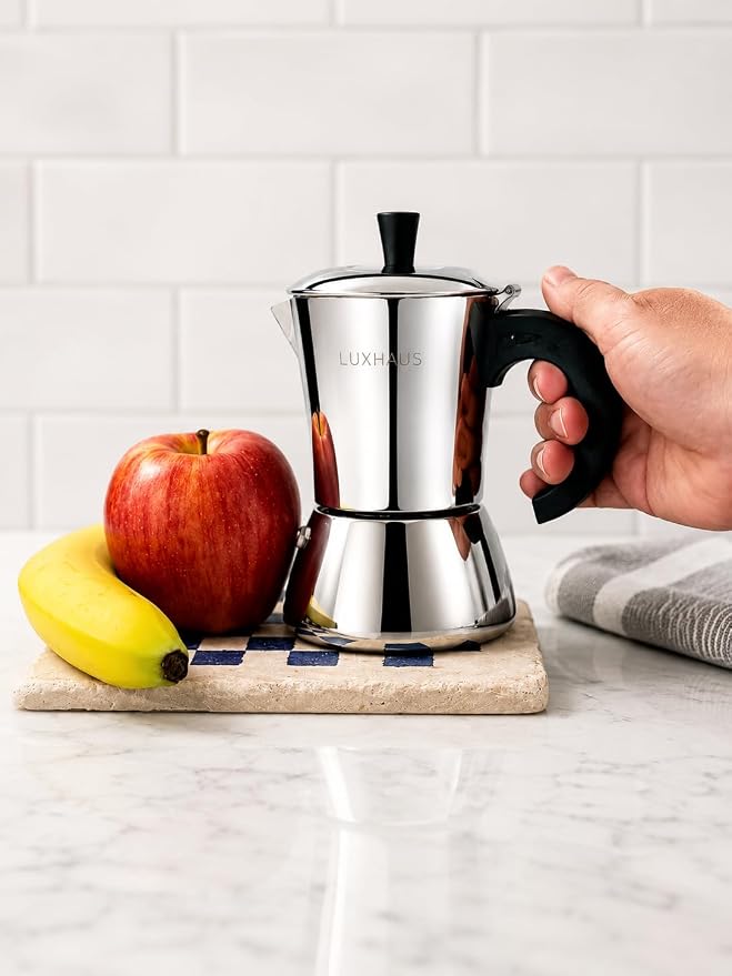 LuxHaus 3 Cup Moka Pot (2oz each cup - 6oz total) Stovetop Espresso Maker - Stainless Steel Italian and Cuban Mocha Coffee Maker - Image 2
