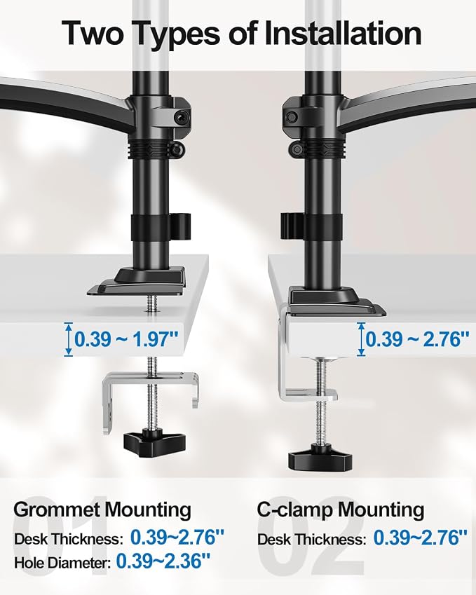 Dual Monitor Stand for Computer Screen up to 32", Holds 22 lbs Each | Taller Monitor Arms Desk Mount, Height Adjustable Gas Spring VESA Mount with C-clamp Grommet Mounting, Black, Freelift - Image 5