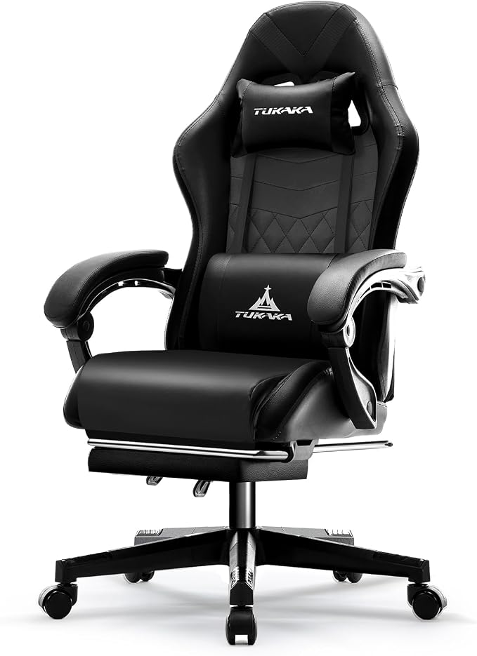 Gaming Chair,Ergonomic Massage Office Desk Chair with Footrest,Black | Pocket Spring Cushion,Reclining,Thick High Back,Headrest and Lumbar Support,Adjustable Leather Computer Chair Gamer Chair by TUKAKA