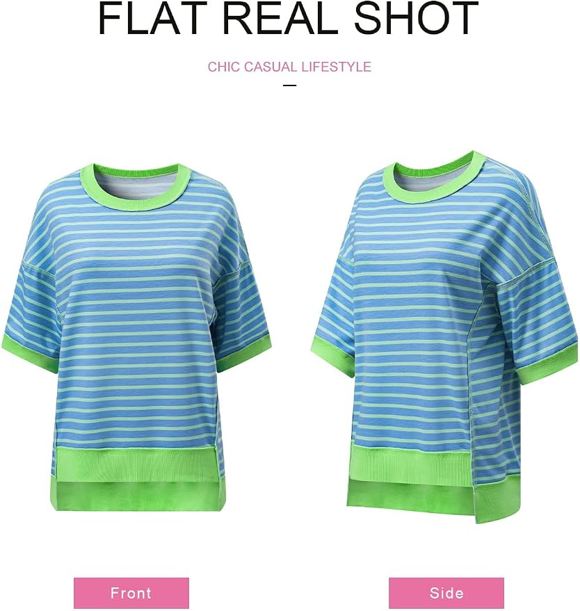 SHEWIN Womens Tops Casual Short Sleeve Sweatshirt Crewneck Striped Shirt Pullover T Shirts Loose Blouses - Image 5