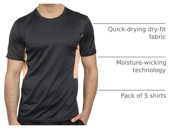 5 Pack Men's Dry Fit Short Sleeve T-Shirt Gym Workout Athletic Running Tee | Cooling, Moisture-Wicking, Crew Neck, Quick-Dry, Breathable, Active, Exercise, Fitness, Basketball, Cycling, Hiking, Tennis - Image 4