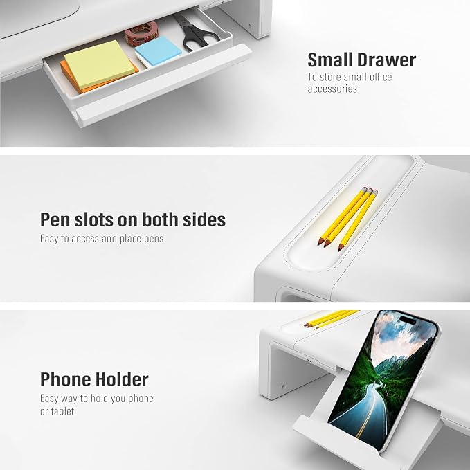 OImaster Monitor Stand Riser with Drawer - Adjustable Foldable Computer Monitor Stand for Desk, Desktop Organizer with Phone Holder & Pen Slot, Space Saving Laptop Riser for Home Office, White - Image 2